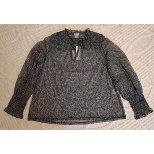 Chicos Size 0 Smocked Ruffle Blouse US Small Sheer Gray Black White Mesh